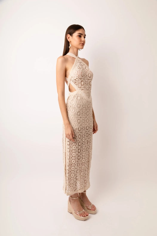 Tuscany Crochet Lace Cut Out Back Halter Maxi Dress-Dress-Amy Lynn-S-Beige-Urbanheer