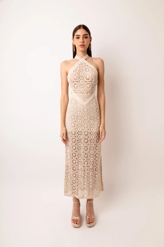 Tuscany Crochet Lace Cut Out Back Halter Maxi Dress-Dress-Amy Lynn-S-Beige-Urbanheer