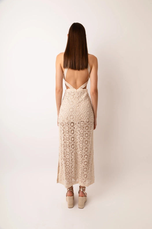 Tuscany Crochet Lace Cut Out Back Halter Maxi Dress