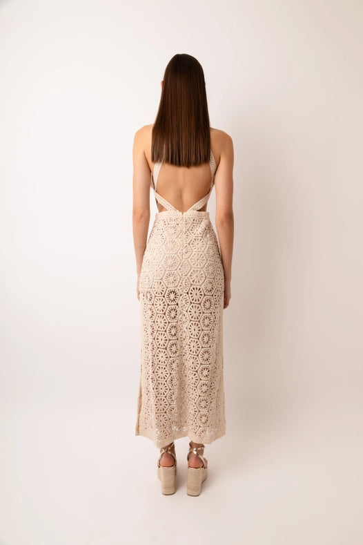 Tuscany Crochet Lace Cut Out Back Halter Maxi Dress-Dress-Amy Lynn-S-Beige-Urbanheer