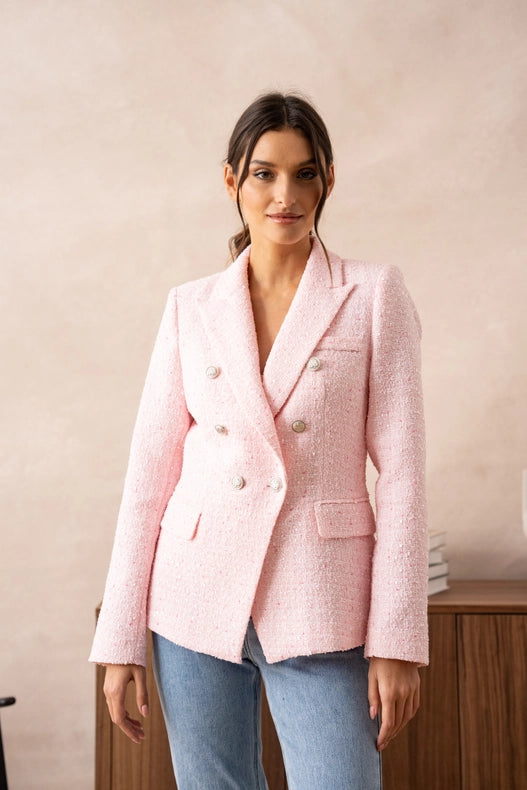 Tweed Double-Breasted Blazer Jacket with Gold Buttons Pink