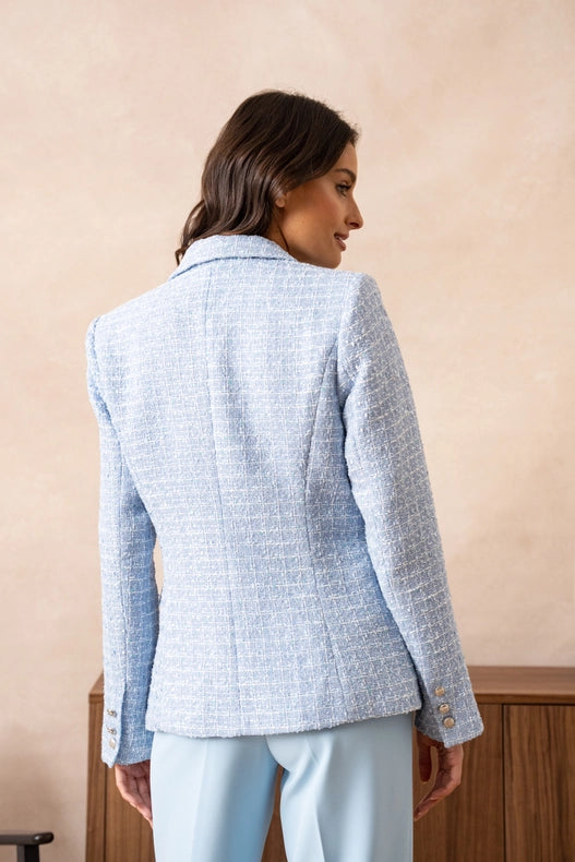 Tweed Double-Breasted Blazer Jacket with Gold Buttons Sky Blue