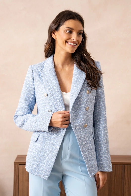 Tweed Double-Breasted Blazer Jacket with Gold Buttons Sky Blue