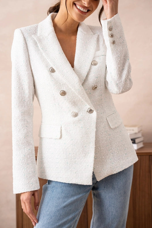 Tweed Double-Breasted Blazer Jacket with Gold Buttons White