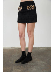 Tweed Leopard Faux Fur Detail Mini Skirt