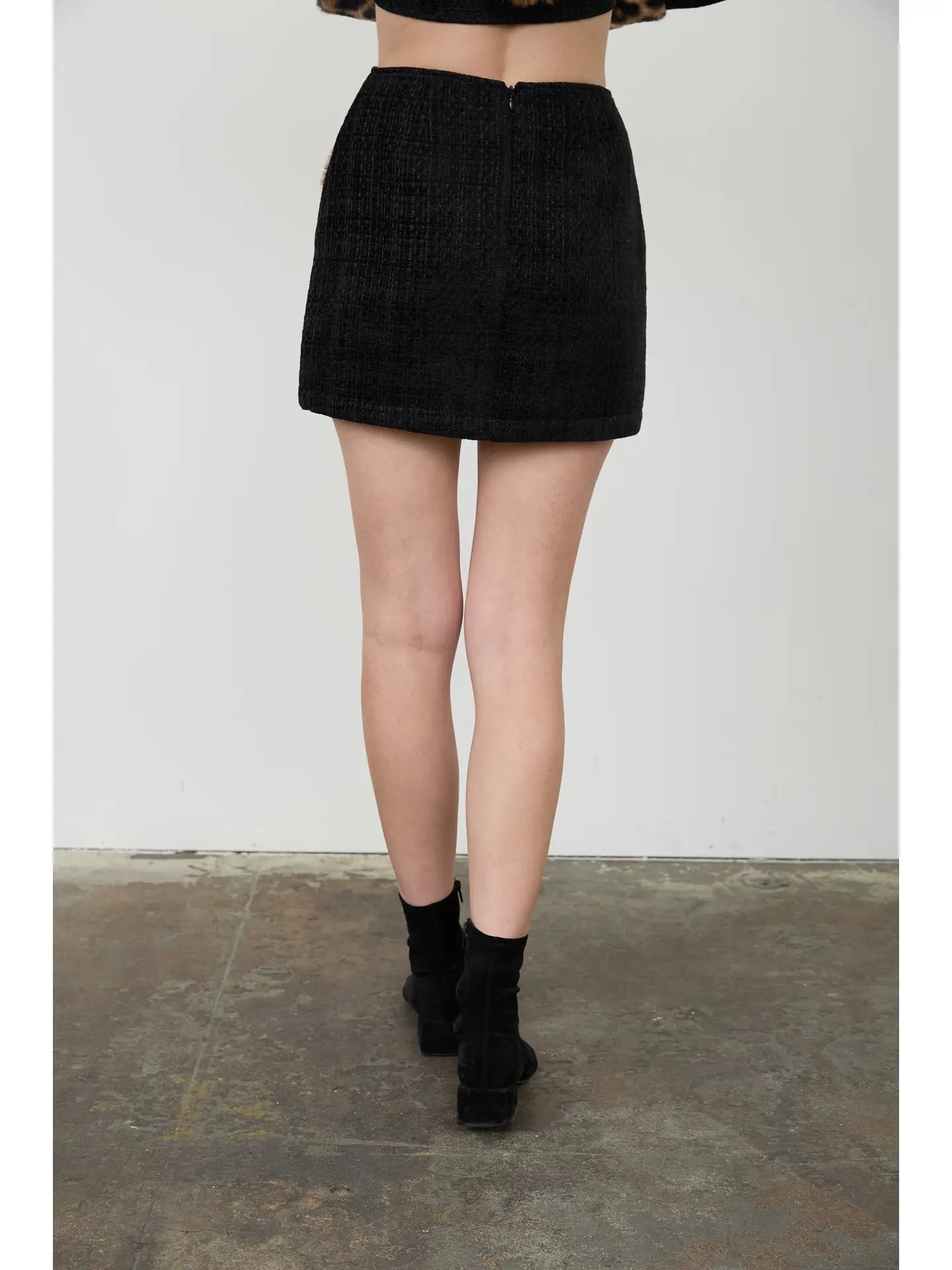 Tweed Leopard Faux Fur Detail Mini Skirt