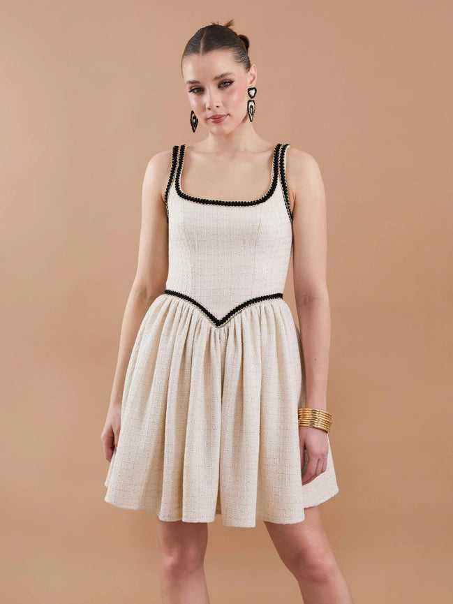 Tweed Strap Stripe Detail Mini Dress Beige-Dress-JUSTE-34-Beige-Urbanheer