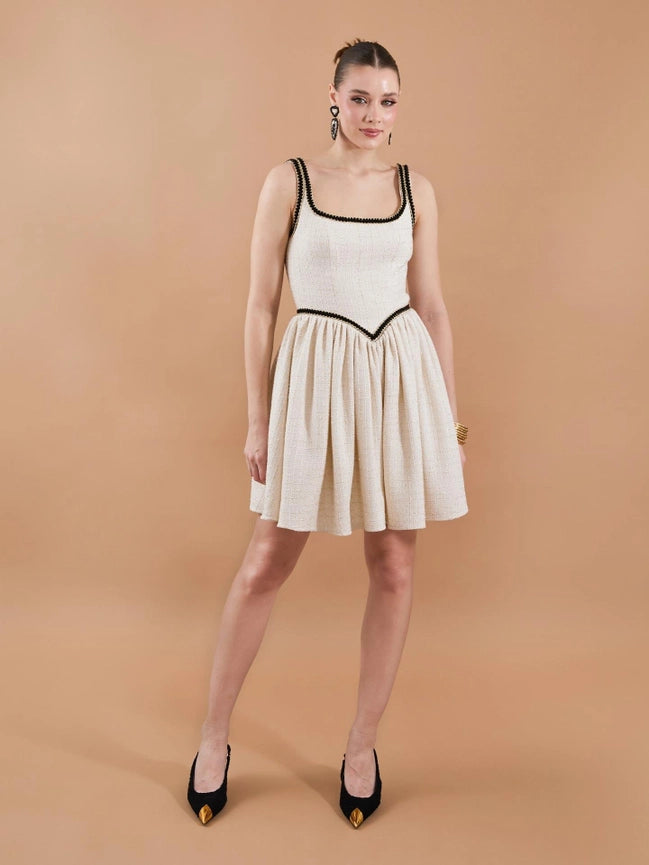 Tweed Strap Stripe Detail Mini Dress Beige-Dress-JUSTE-34-Beige-Urbanheer