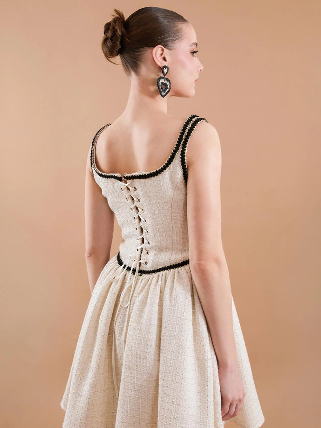 Tweed Strap Stripe Detail Mini Dress Beige-Dress-JUSTE-34-Beige-Urbanheer