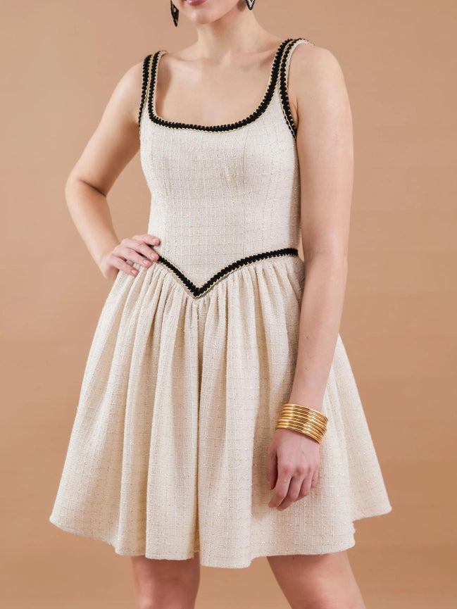 Tweed Strap Stripe Detail Mini Dress Beige-Dress-JUSTE-34-Beige-Urbanheer