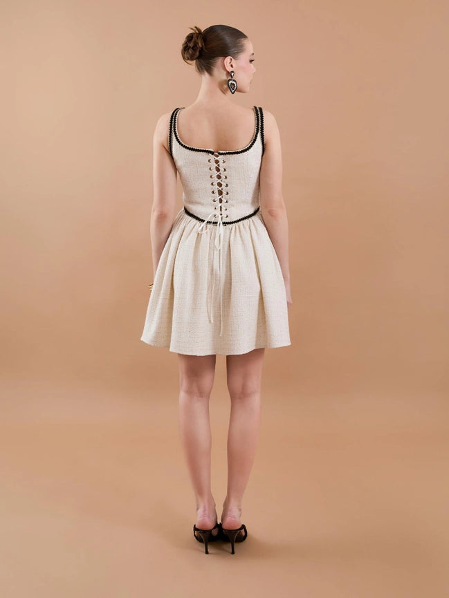 Tweed Strap Stripe Detail Mini Dress Beige-Dress-JUSTE-34-Beige-Urbanheer