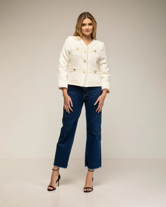 Tweed-Style Jacket with 4 Front Pockets ECRU-Jacket-Tantra-S-ECRU-Urbanheer