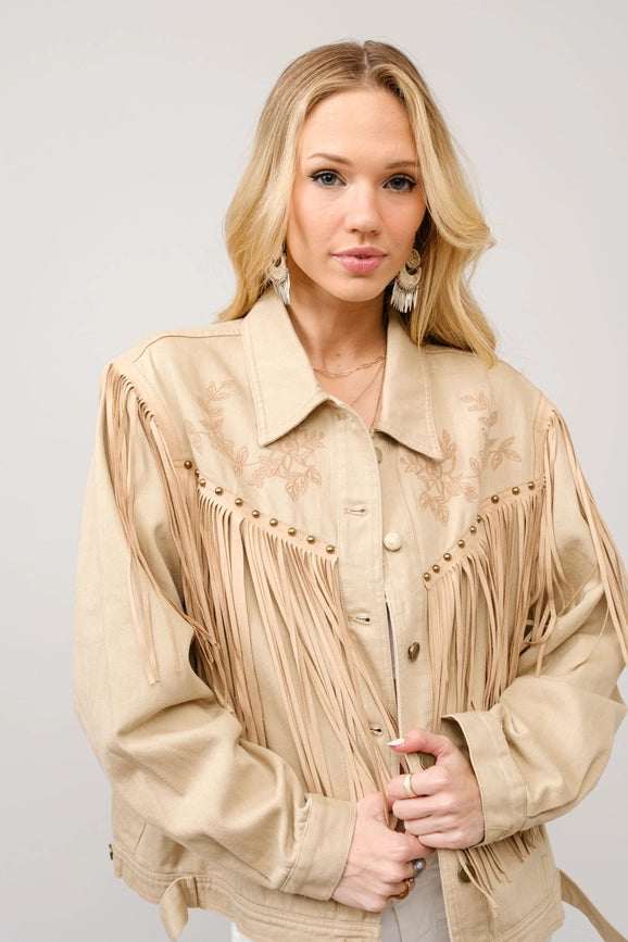 Twill Fringe Studded Embroidered Jacket-Jacket-Blue B-S-TAUPE-Urbanheer