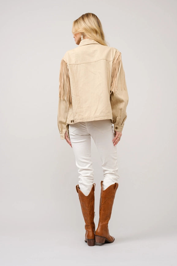 Twill Fringe Studded Embroidered Jacket-Jacket-Blue B-S-TAUPE-Urbanheer