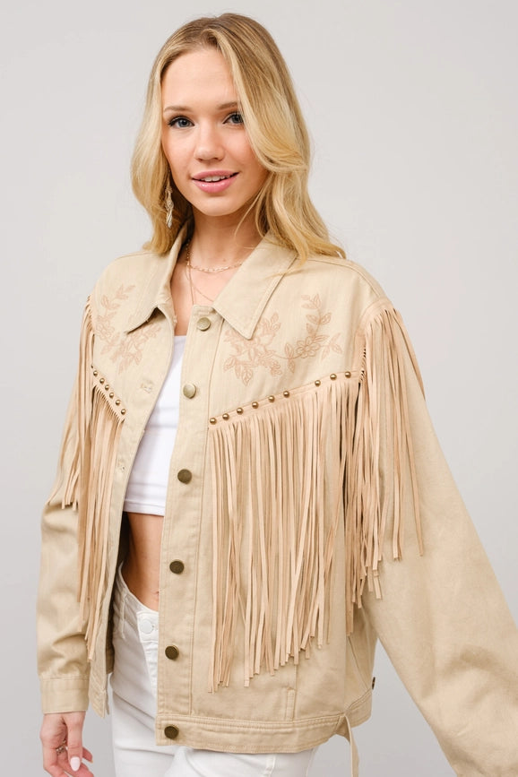 Twill Fringe Studded Embroidered Jacket-Jacket-Blue B-S-TAUPE-Urbanheer