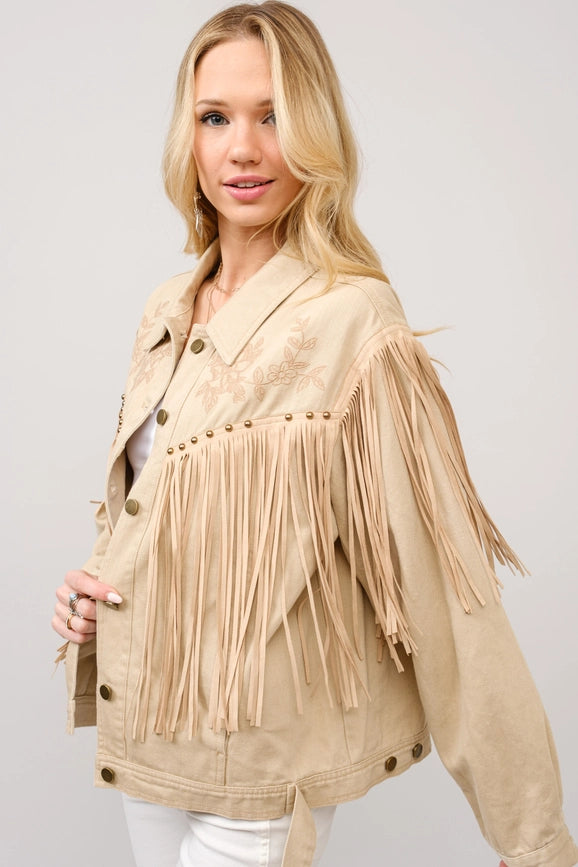 Twill Fringe Studded Embroidered Jacket-Jacket-Blue B-S-TAUPE-Urbanheer