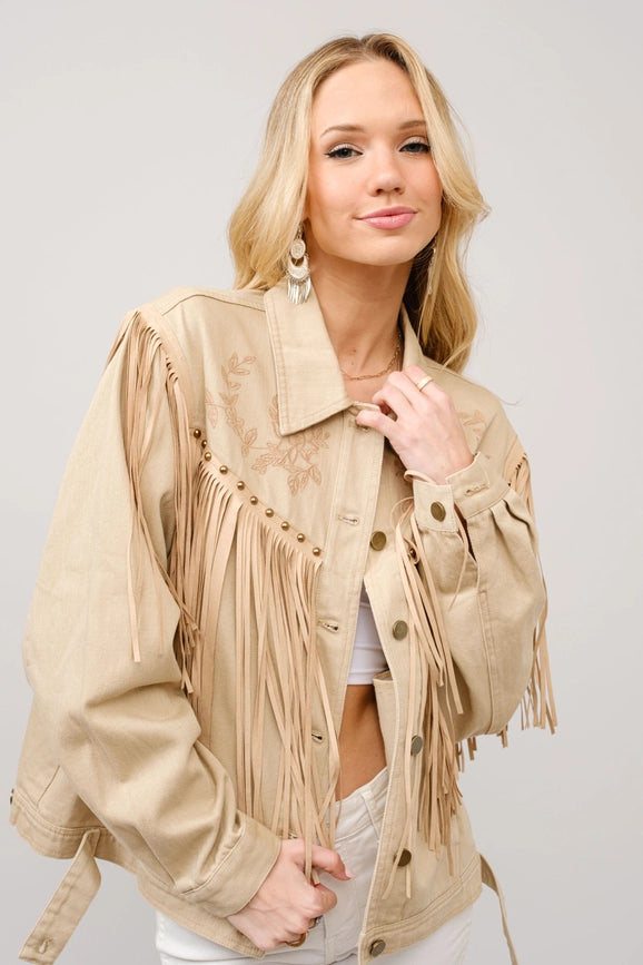 Twill Fringe Studded Embroidered Jacket-Jacket-Blue B-S-TAUPE-Urbanheer
