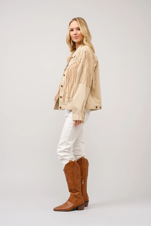 Twill Fringe Studded Embroidered Jacket-Jacket-Blue B-S-TAUPE-Urbanheer
