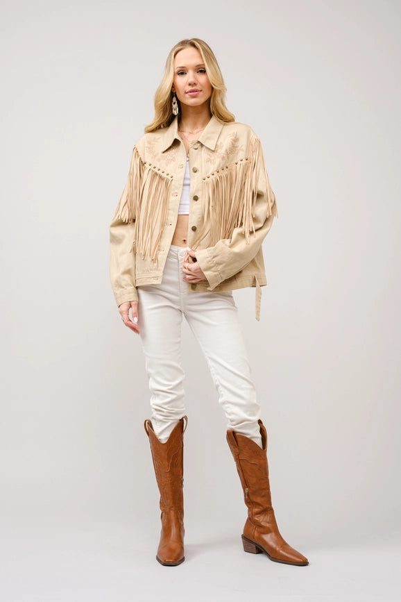Twill Fringe Studded Embroidered Jacket-Jacket-Blue B-S-TAUPE-Urbanheer
