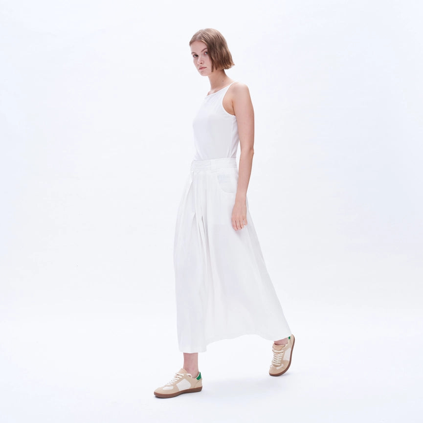 Twill Midi Skirt(Finished Hem,Pleated)-Skirt-BAYEAS-XS-WHITE-Urbanheer