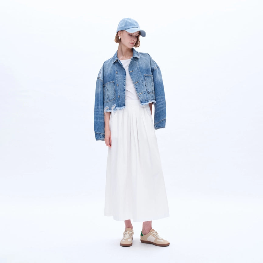 Twill Midi Skirt(Finished Hem,Pleated)-Skirt-BAYEAS-XS-WHITE-Urbanheer