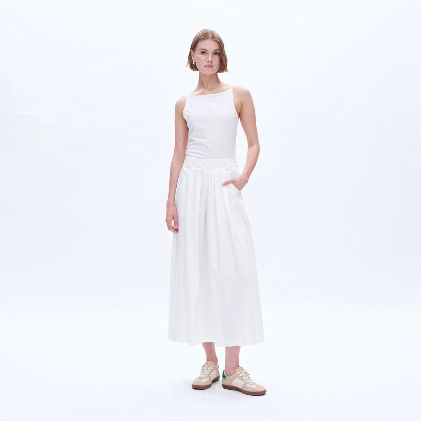 Twill Midi Skirt(Finished Hem,Pleated)-Skirt-BAYEAS-XS-WHITE-Urbanheer