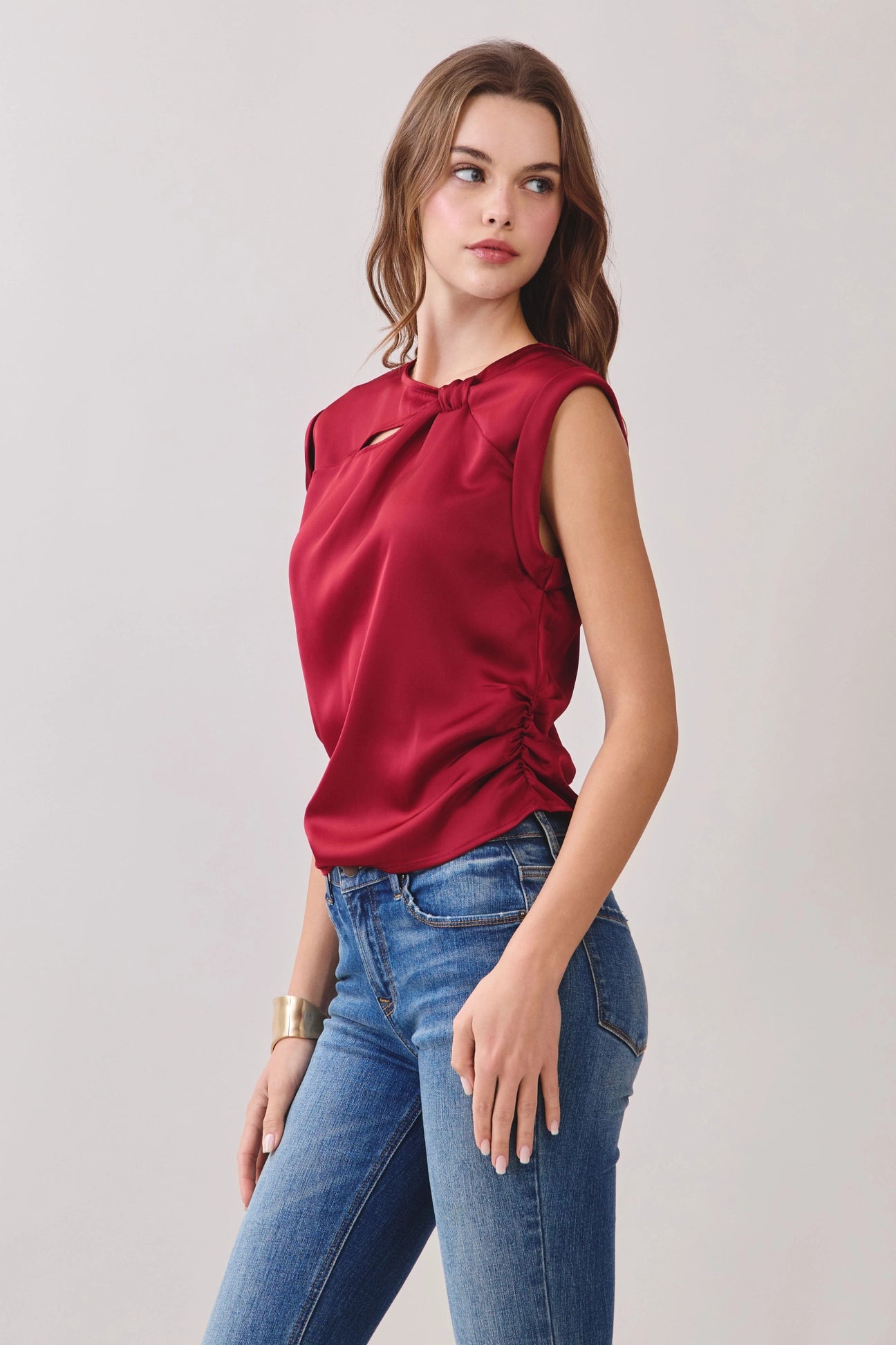 Twisted Neck with Keyhole Sleeveless Satin Blouse