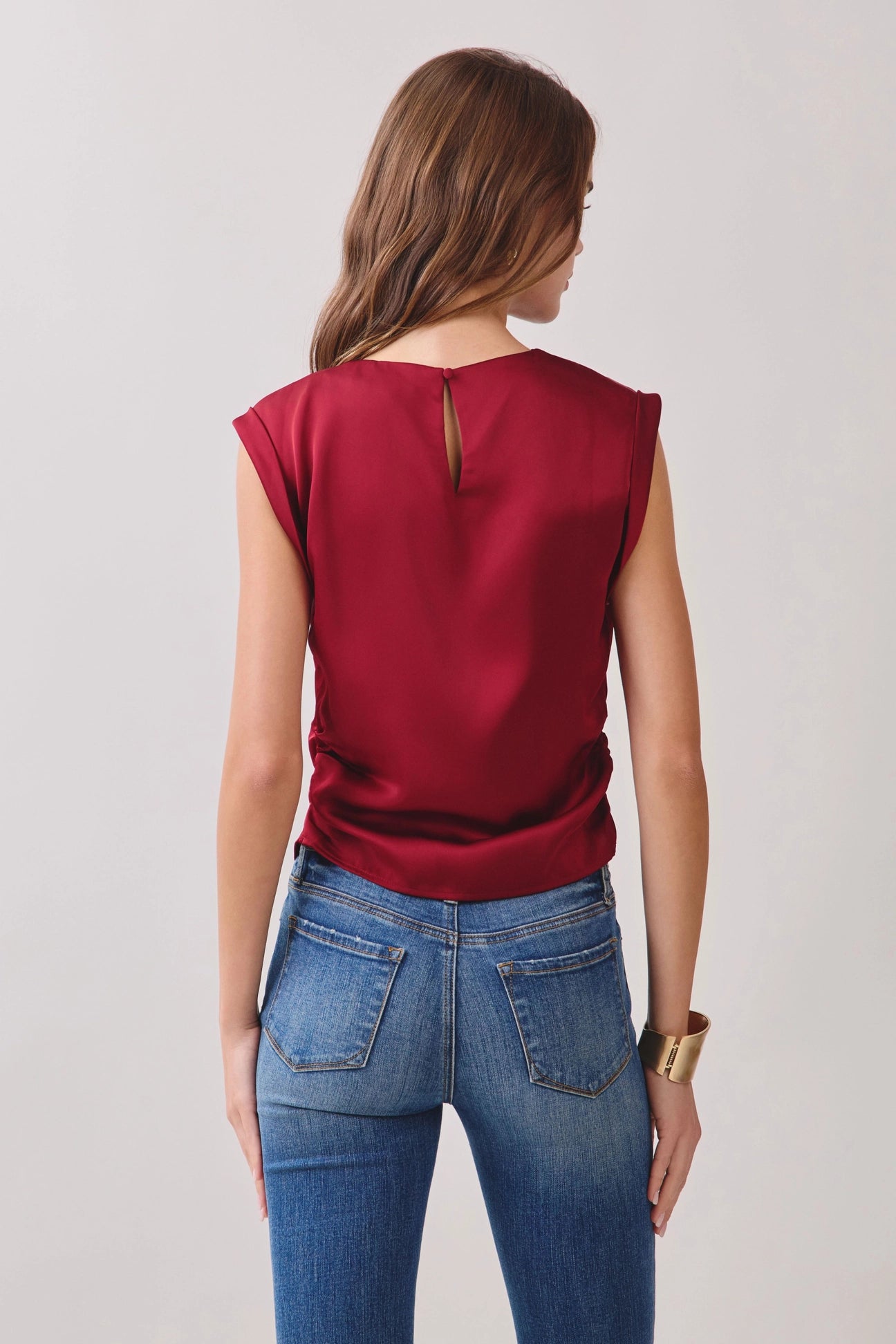 Twisted Neck with Keyhole Sleeveless Satin Blouse