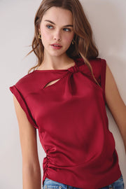 Twisted Neck with Keyhole Sleeveless Satin Blouse