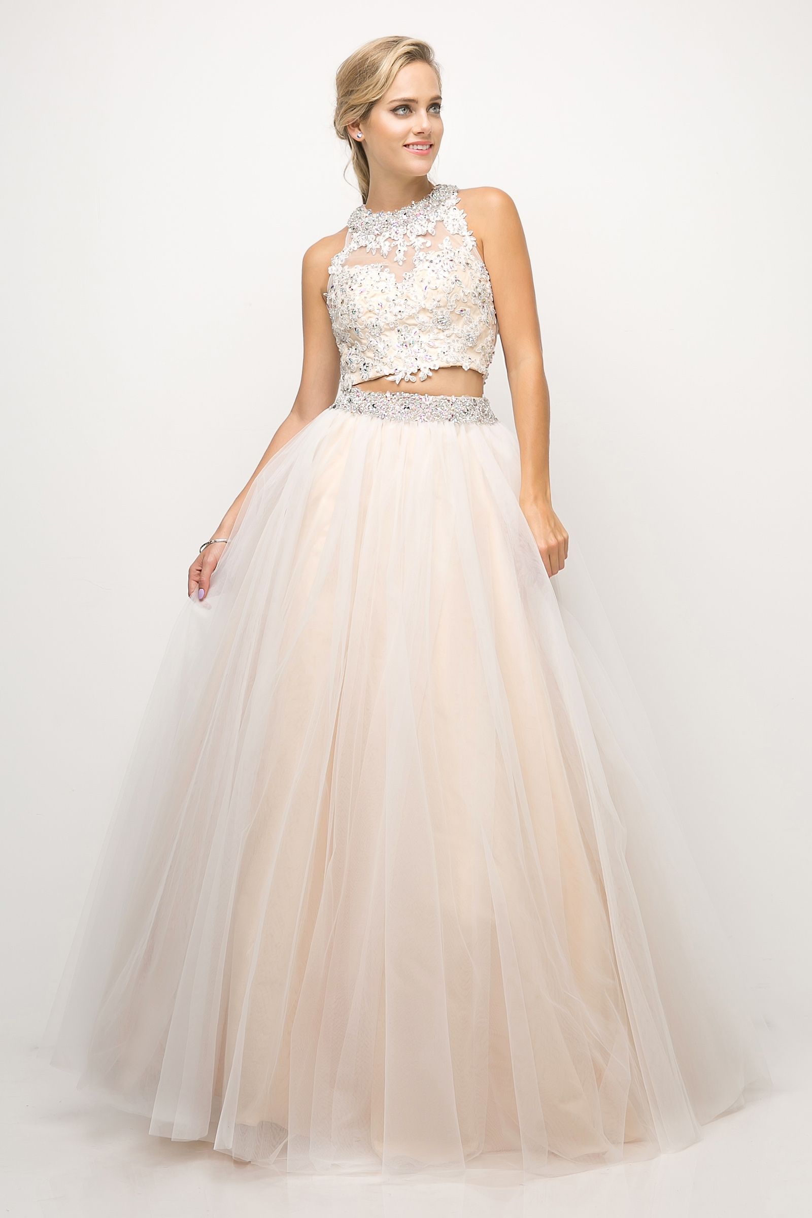 Two Piece Ball Gown with Lace Beaded Top-Nightgown-Tux-USA-4-Champagne-Urbanheer