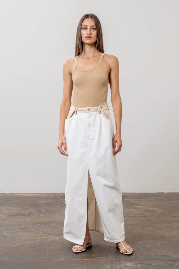 Two Tone Denim Midi Skirt-Skirts-Moon River-XS-IVORY-Urbanheer