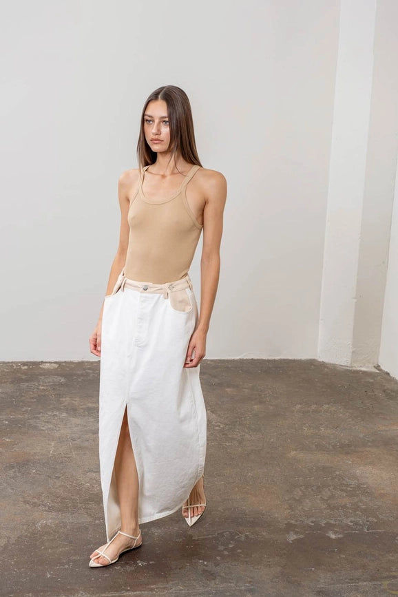Two Tone Denim Midi Skirt-Skirts-Moon River-XS-IVORY-Urbanheer