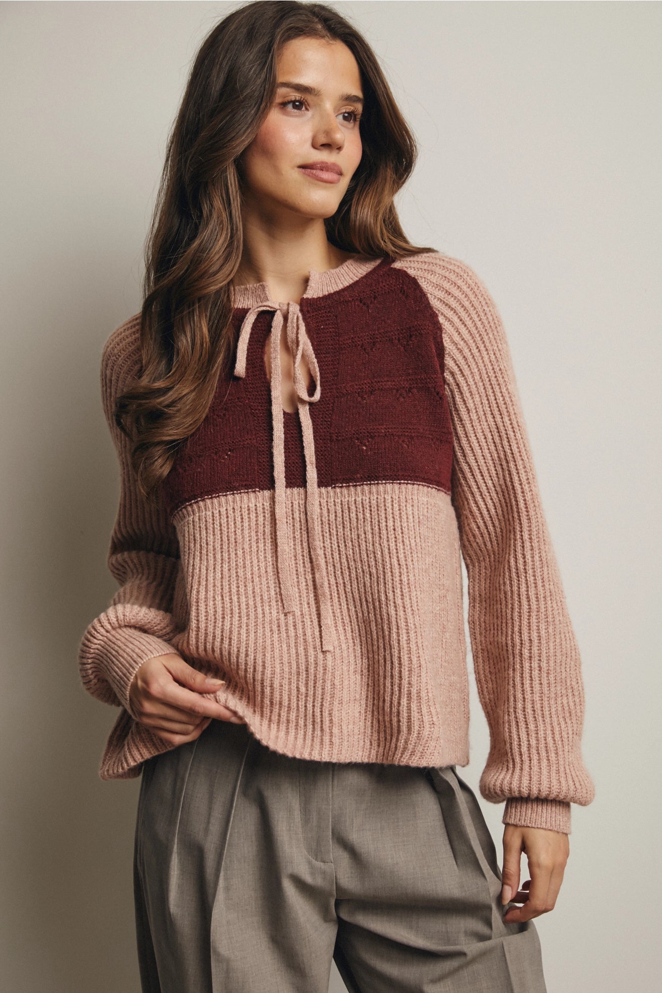 Two-Tone Knit Tie Neck Sweater