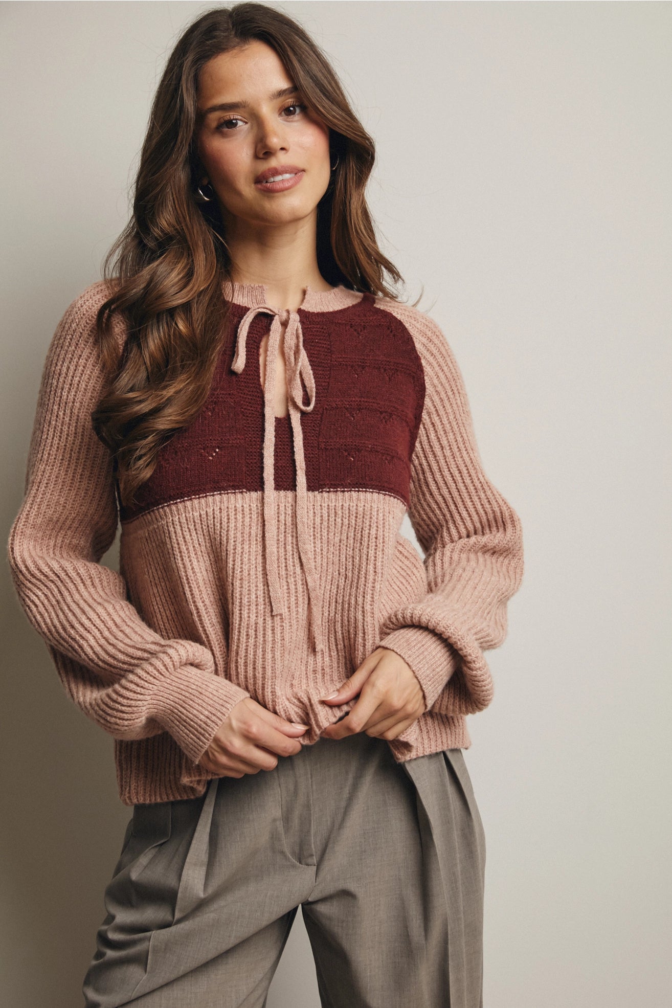 Two-Tone Knit Tie Neck Sweater
