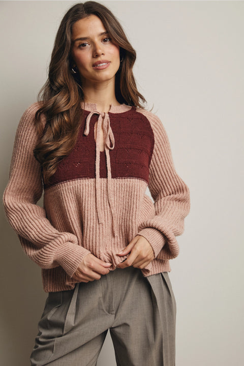 Two-Tone Knit Tie Neck Sweater