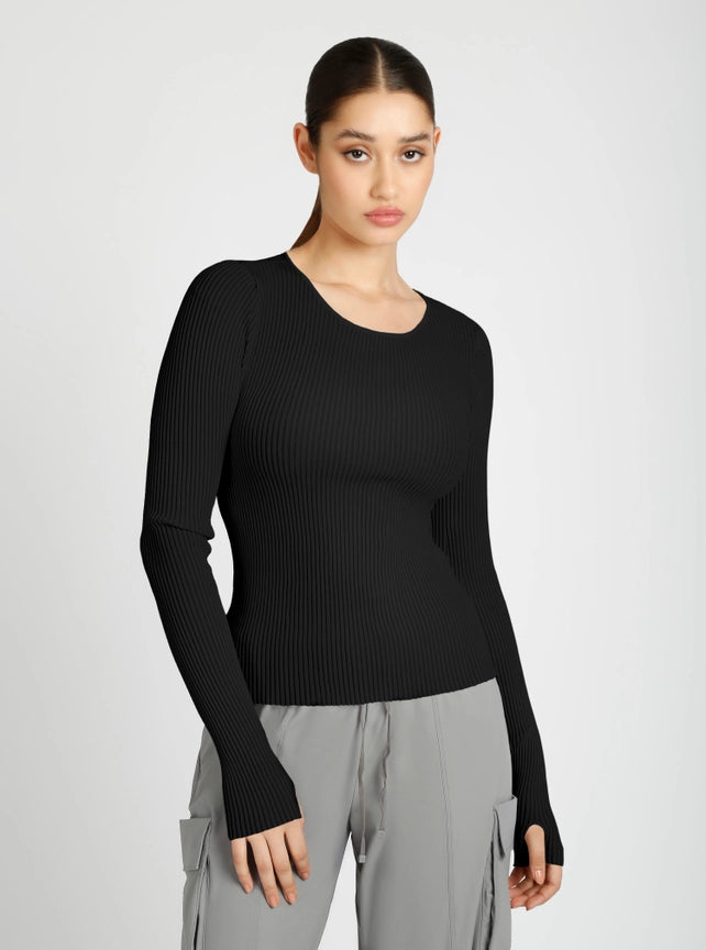 Two Tone Rib Long Sleeve Top Jls-Top-Blanc Noir-XS-Black-Urbanheer