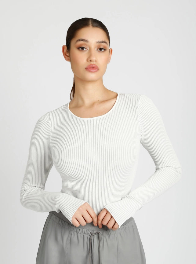 Two Tone Rib Long Sleeve Top Jls-Top-Blanc Noir-XS-Bright White-Urbanheer
