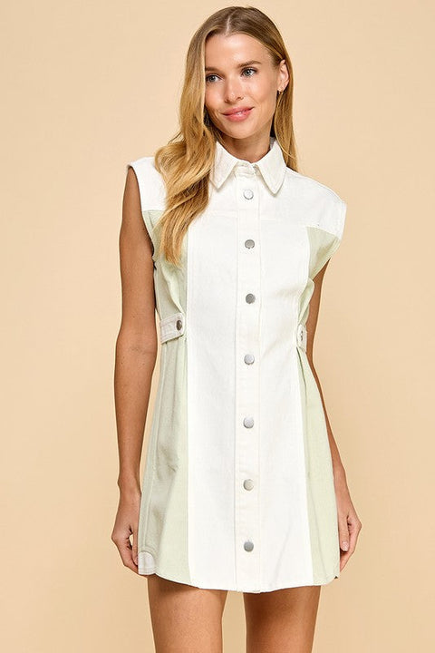 Two Toned Denim Sleeveless Button Up Dress-Dress-TCEC-S-SAGE-Urbanheer