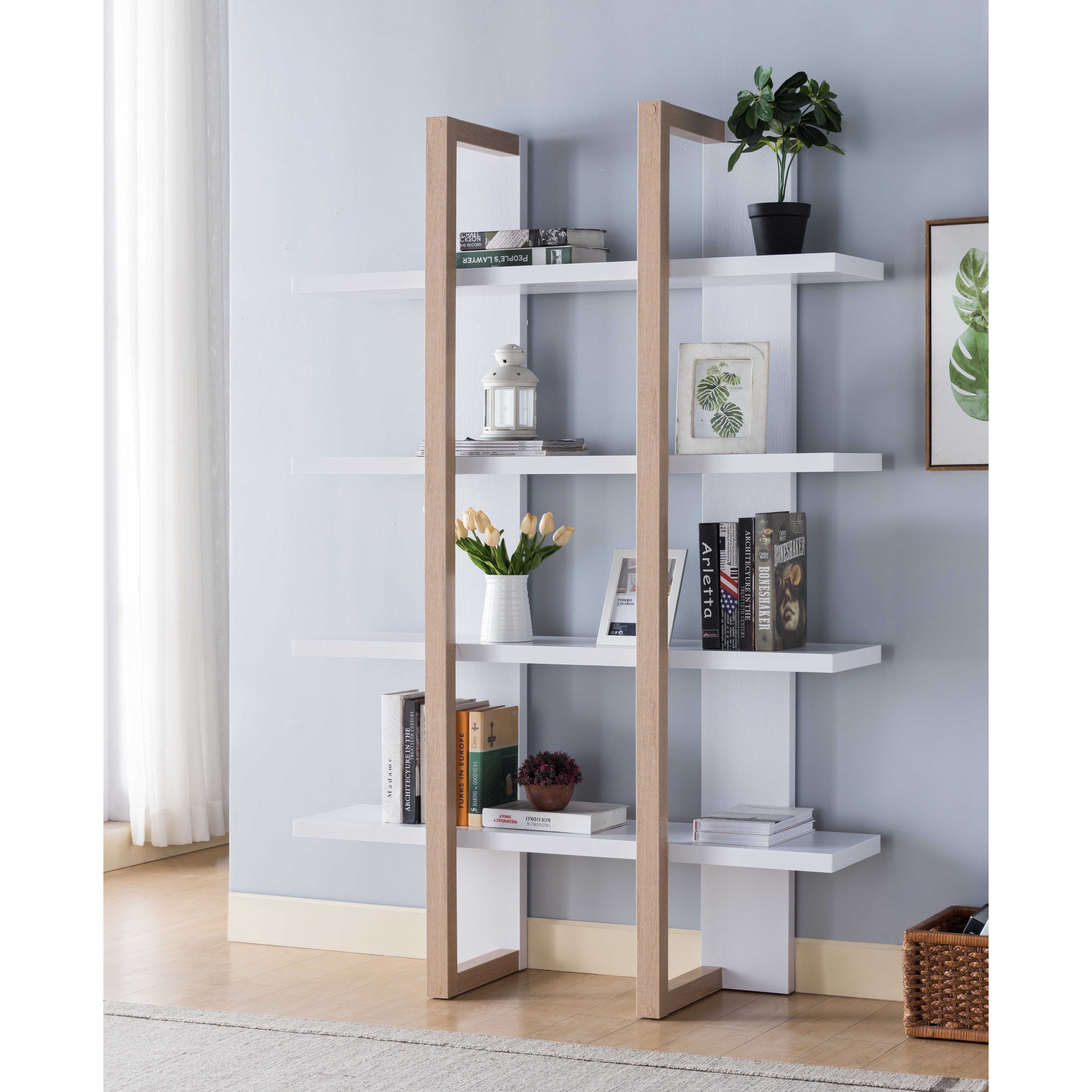 Two Toned Display Cabinet, 71' Tall Bookcase Storage Cabinet, Weathered White & White-UH Decor-Default-Urbanheer