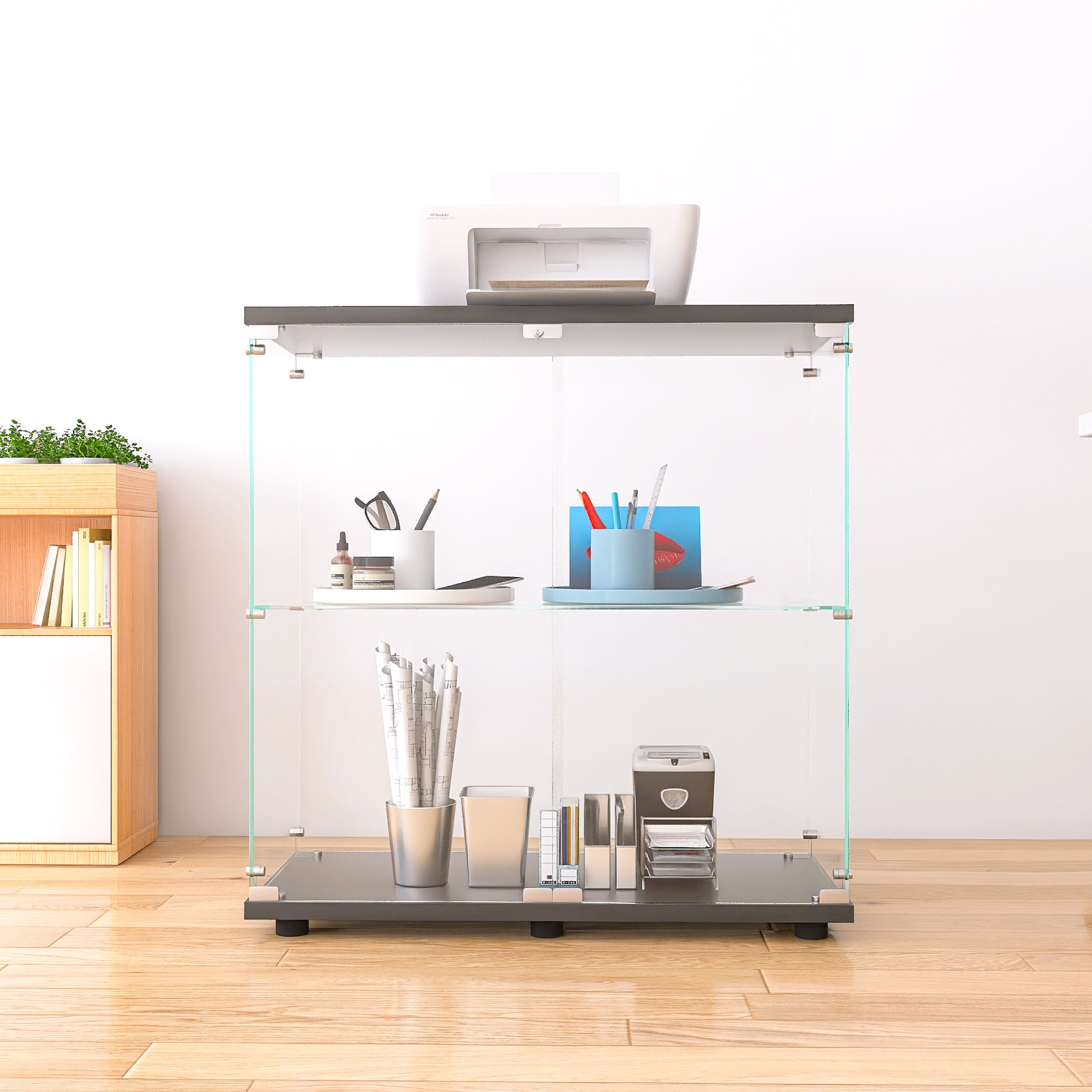Two-door Glass Display Cabinet 2 Shelves with Door, Floor Standing Curio Bookshelf for Living Room-UH Decor-Default-Urbanheer
