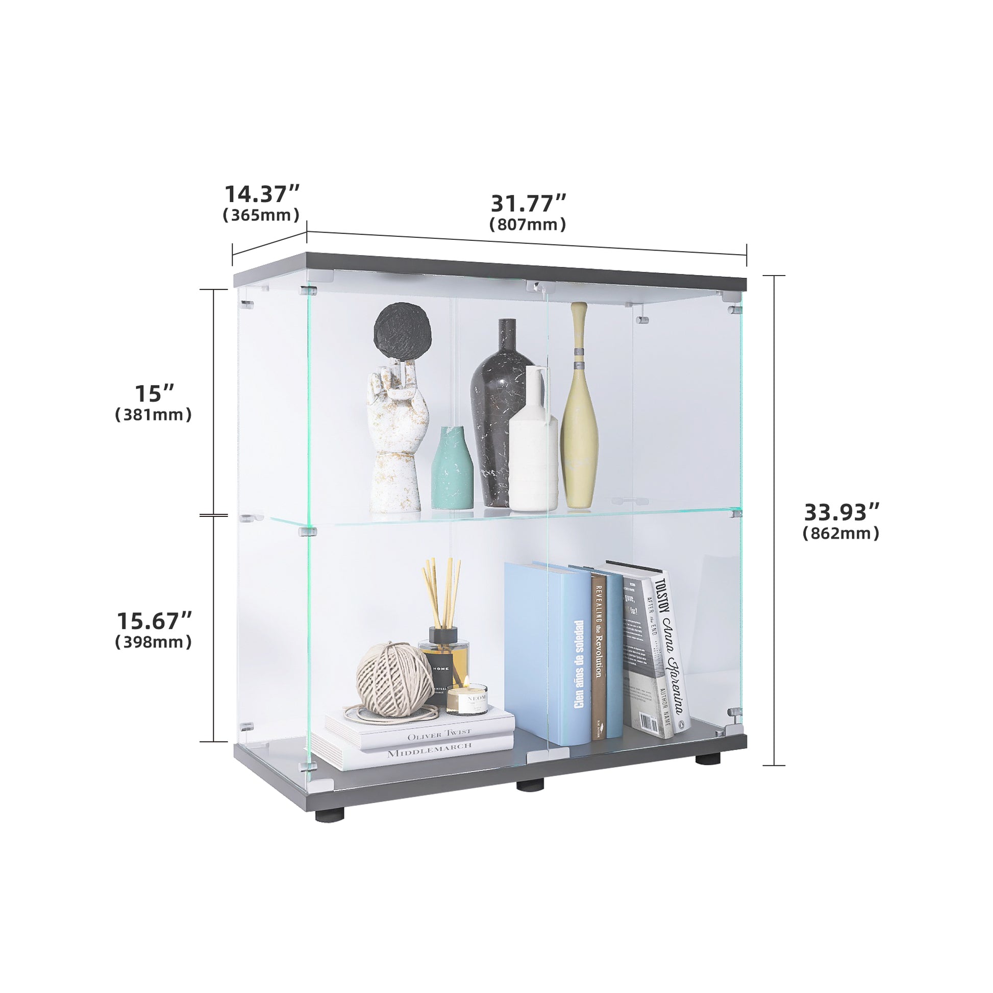 Two-door Glass Display Cabinet 2 Shelves with Door, Floor Standing Curio Bookshelf for Living Room-UH Decor-Default-Urbanheer