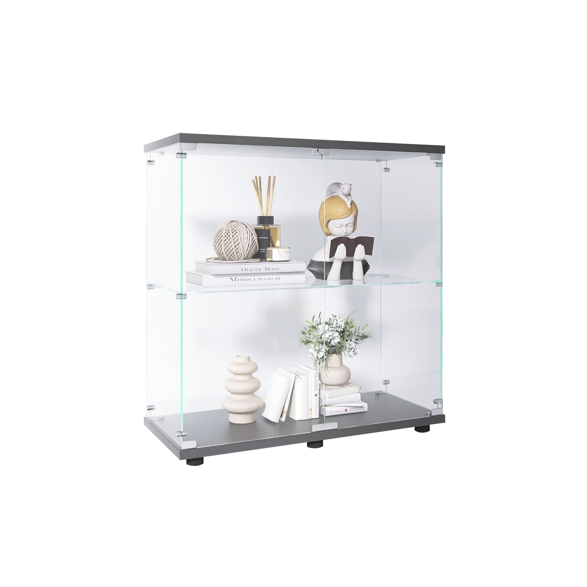 Two-door Glass Display Cabinet 2 Shelves with Door, Floor Standing Curio Bookshelf for Living Room-UH Decor-Default-Urbanheer