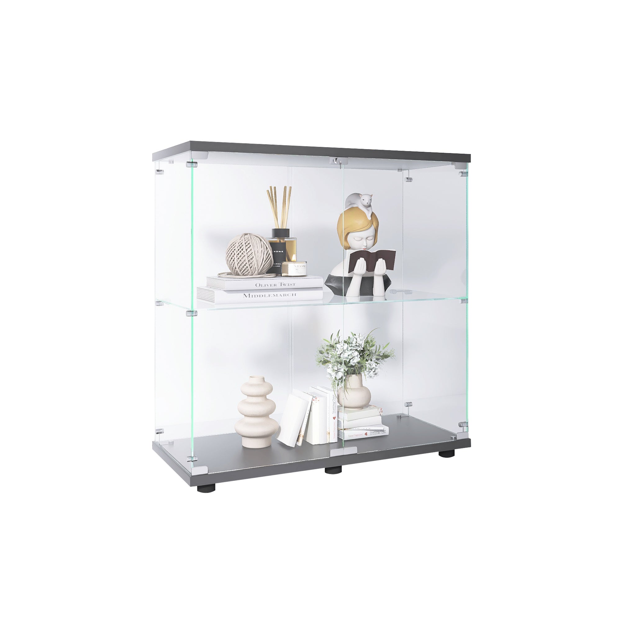 Two-door Glass Display Cabinet 2 Shelves with Door, Floor Standing Curio Bookshelf for Living Room-UH Decor-Default-Urbanheer