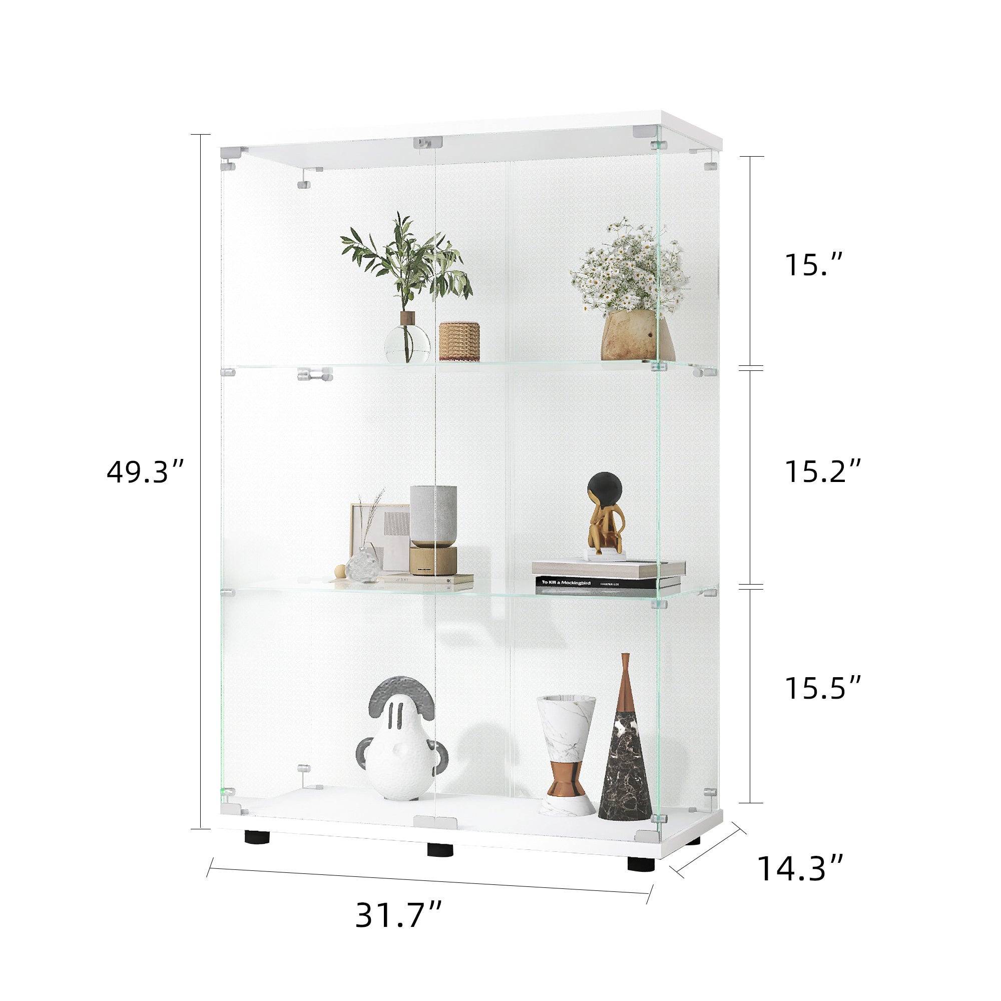 Two-door Glass Display Cabinet 3 Shelves with Door, Floor Standing Curio Bookshelf for Living Room-UH Decor-Default-Urbanheer