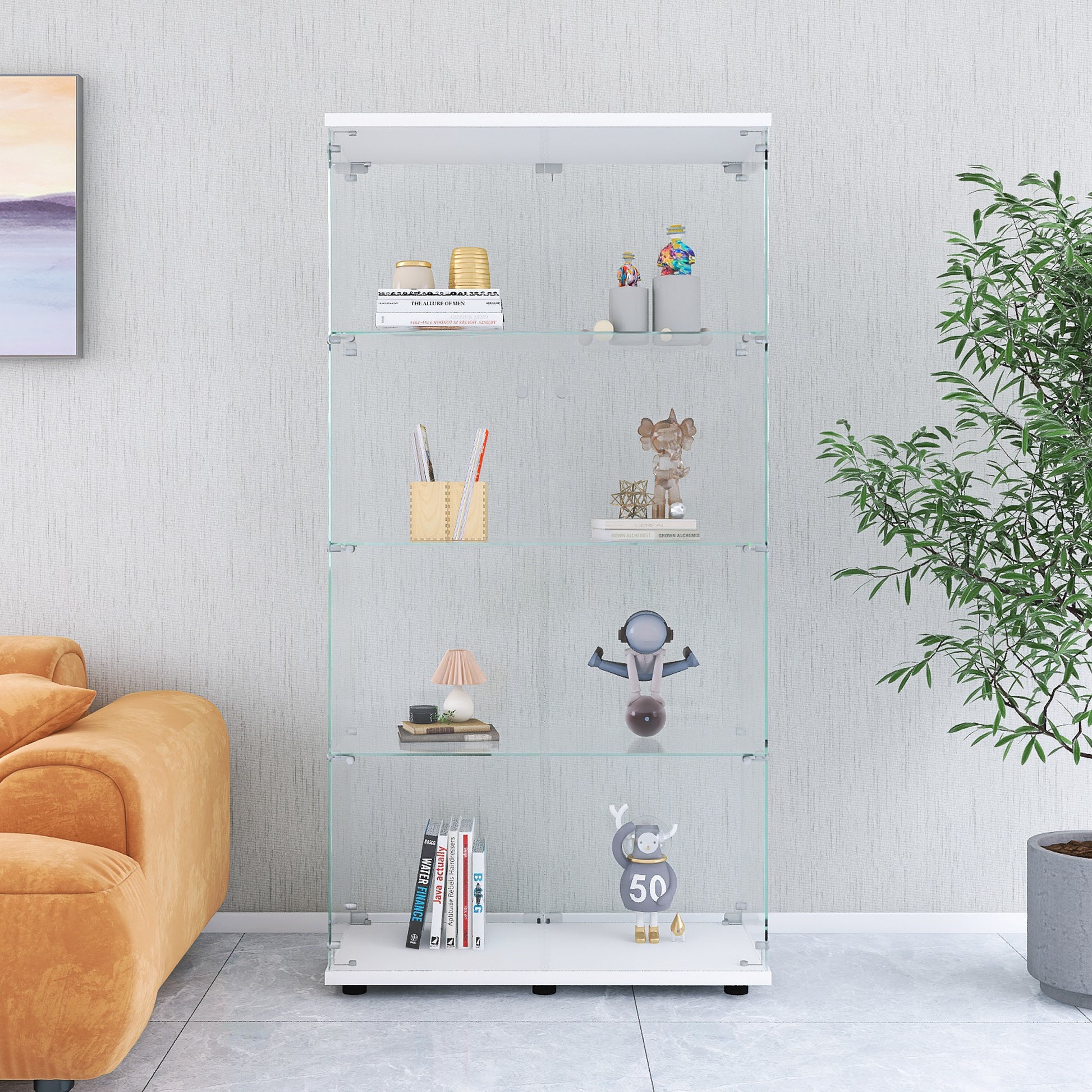 Two-door Glass Display Cabinet 4 Shelves with Door, Floor Standing Curio Bookshelf for Living Room-UH Decor-Default-Urbanheer