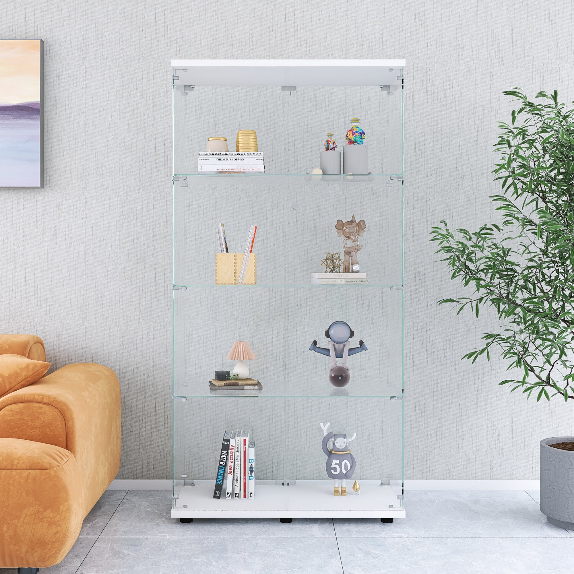 Two-door Glass Display Cabinet 4 Shelves with Door, Floor Standing Curio Bookshelf for Living Room-UH Decor-Default-Urbanheer