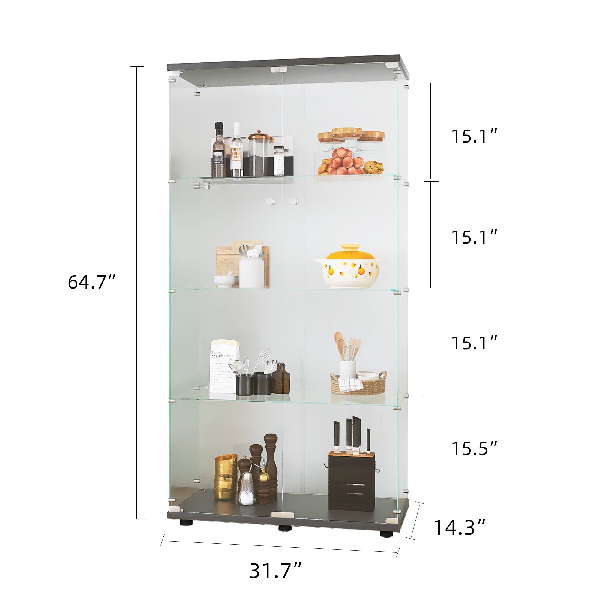 Two-door Glass Display Cabinet 4 Shelves with Door, Floor Standing Curio Bookshelf for Living Room-UH Decor-Default-Urbanheer