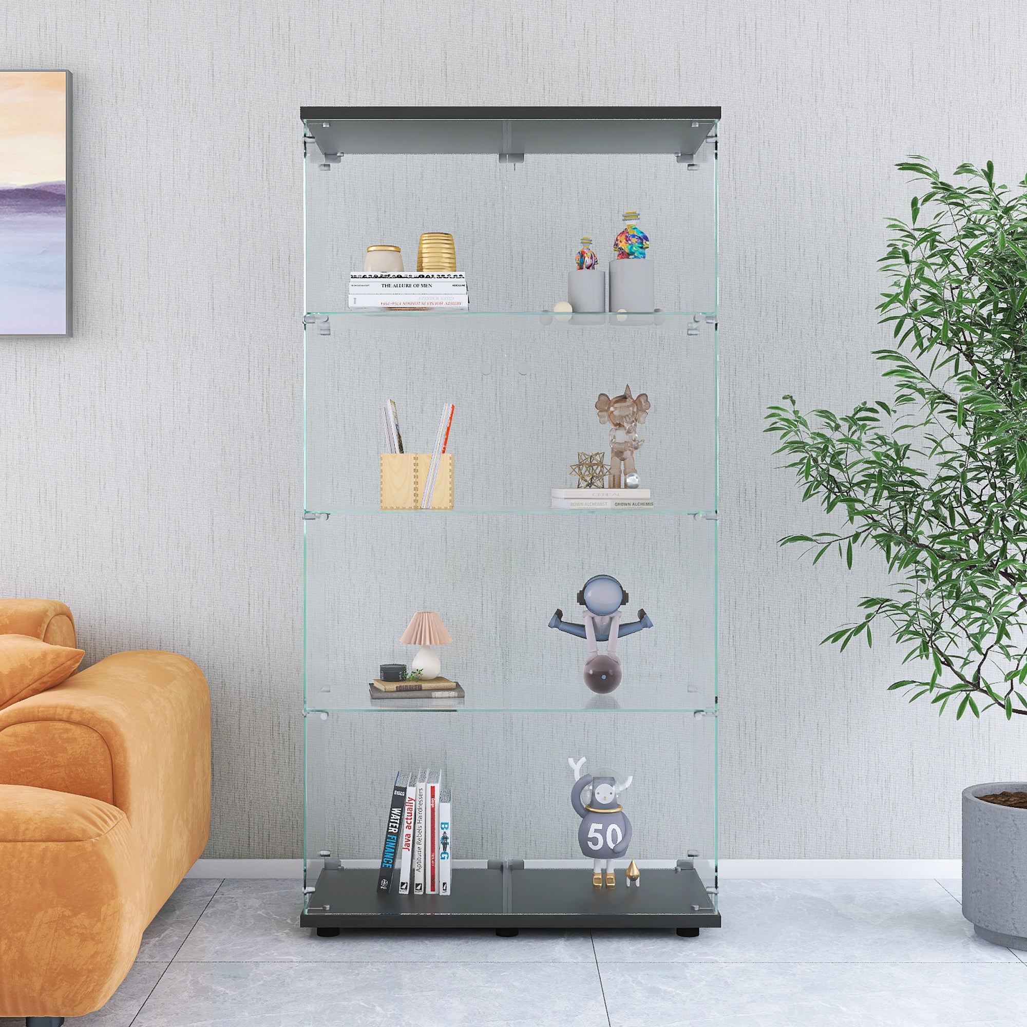Two-door Glass Display Cabinet 4 Shelves with Door, Floor Standing Curio Bookshelf for Living Room-UH Decor-Default-Urbanheer