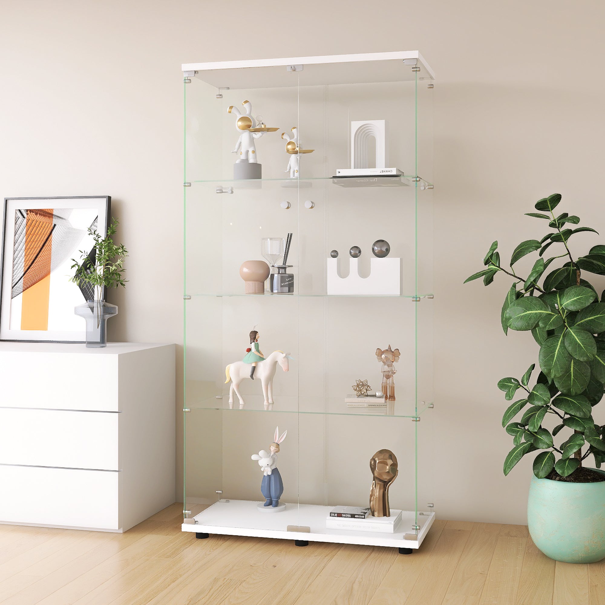 Two-door Glass Display Cabinet 4 Shelves with Door, Floor Standing Curio Bookshelf for Living Room-UH Decor-Default-Urbanheer