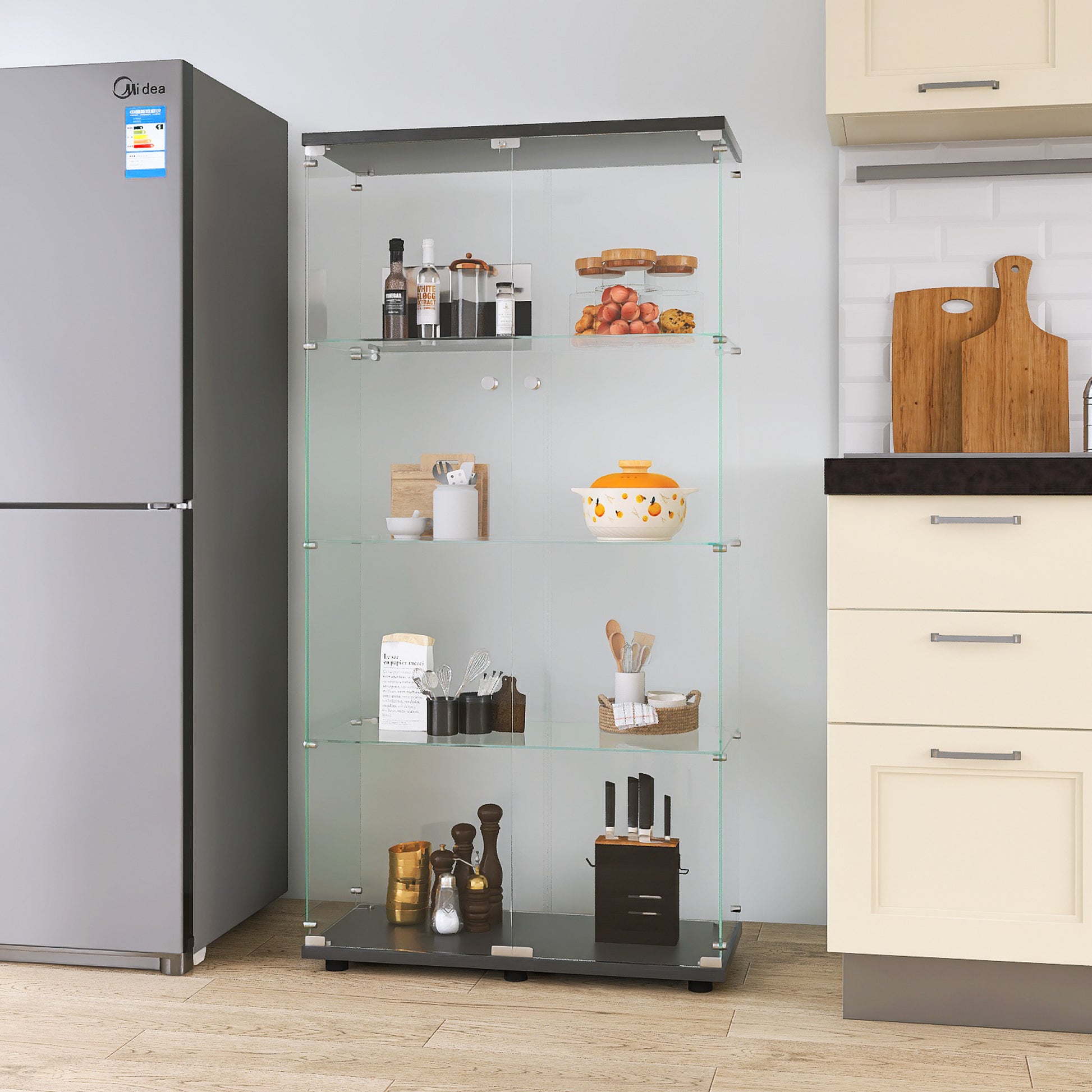 Two-door Glass Display Cabinet 4 Shelves with Door, Floor Standing Curio Bookshelf for Living Room-UH Decor-Default-Urbanheer